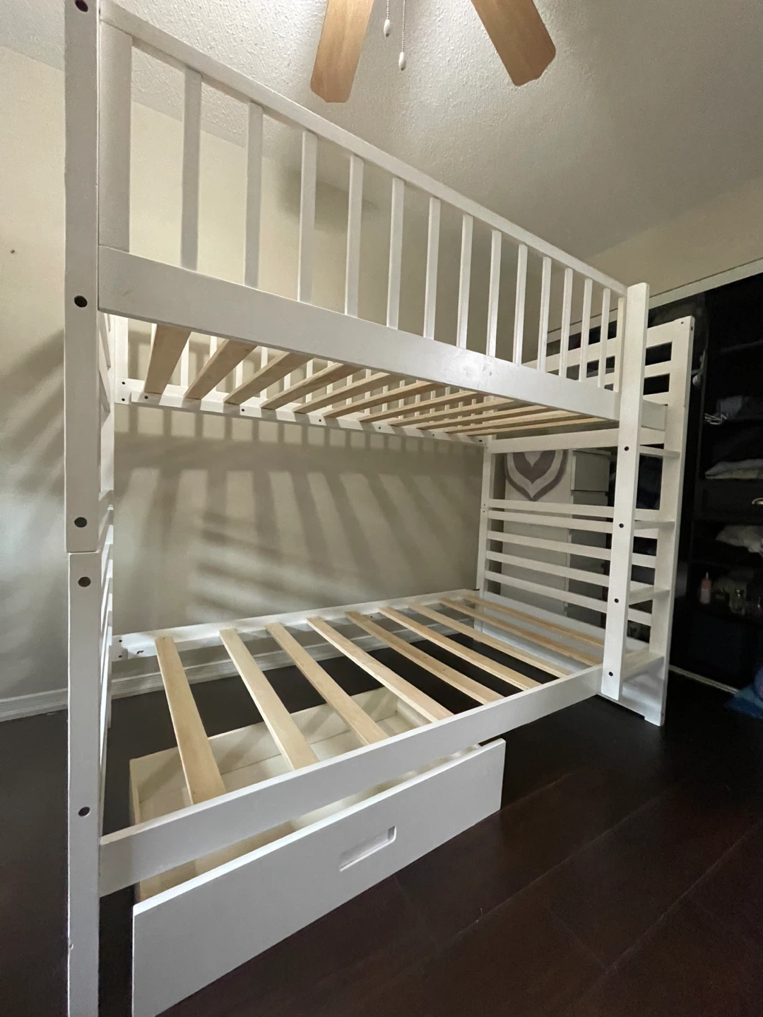 White Twin over Twin Bunk Bed with Drawer
