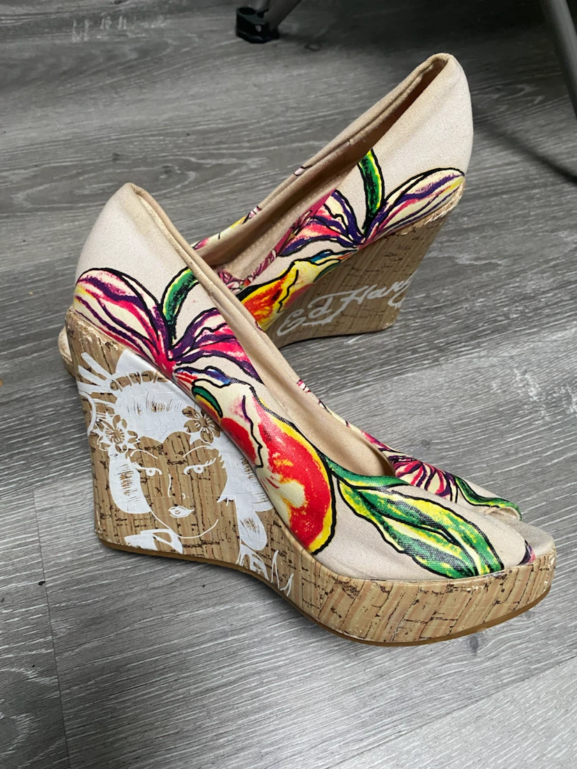 Ed Hardy Wedge Heels - Floral Print Peep Toe - photo 2