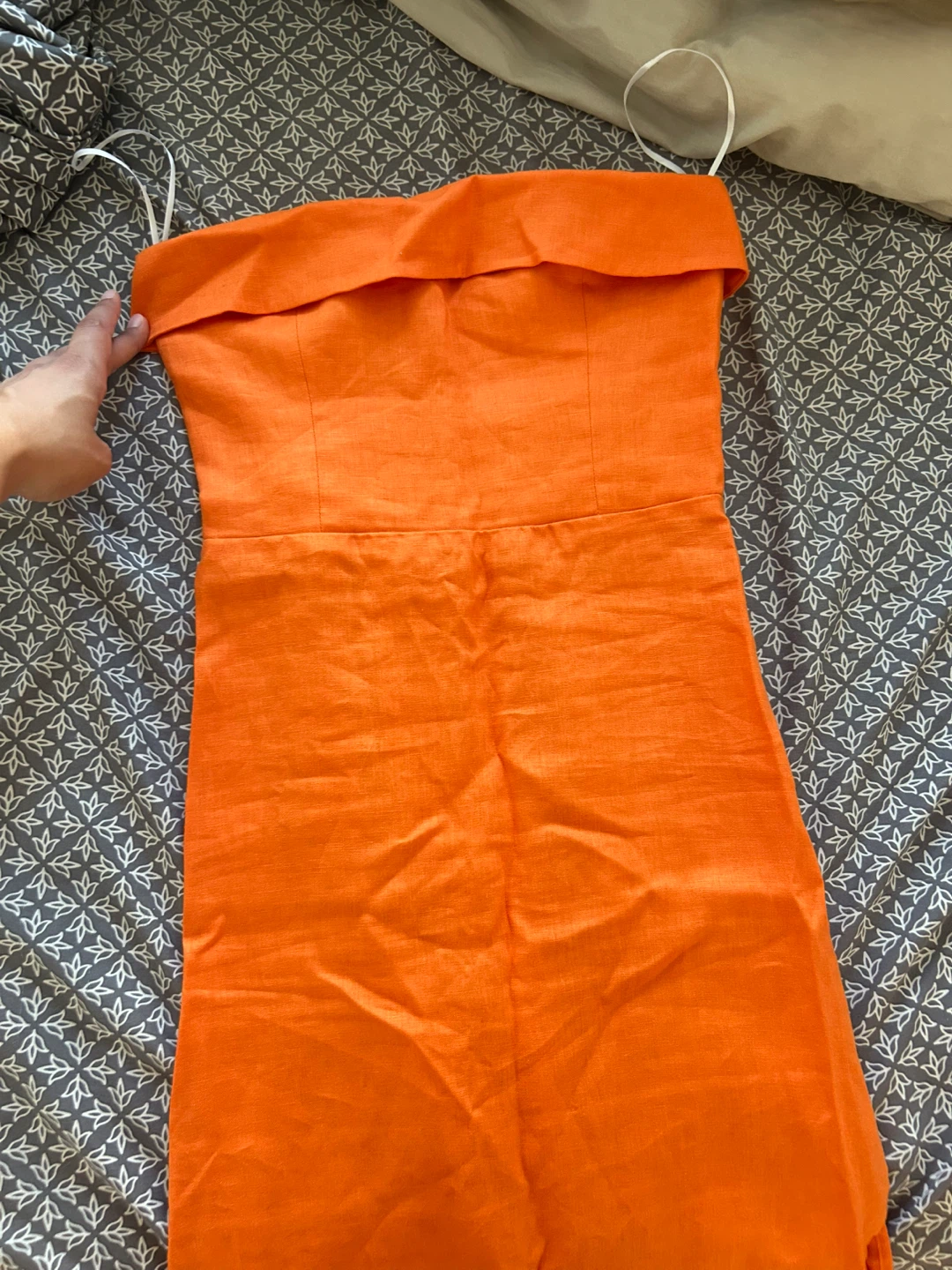 Reformation- Orange Strapless Midi Dress