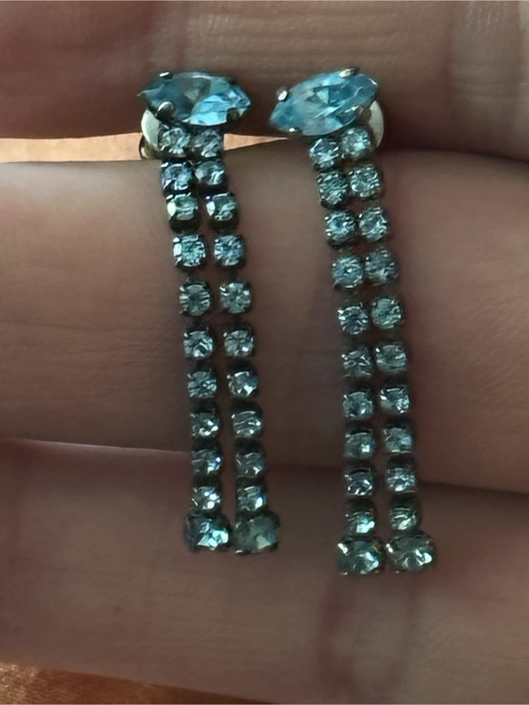 Vintage 1950s Blue Rhinestone Dangle Fringe Earrings