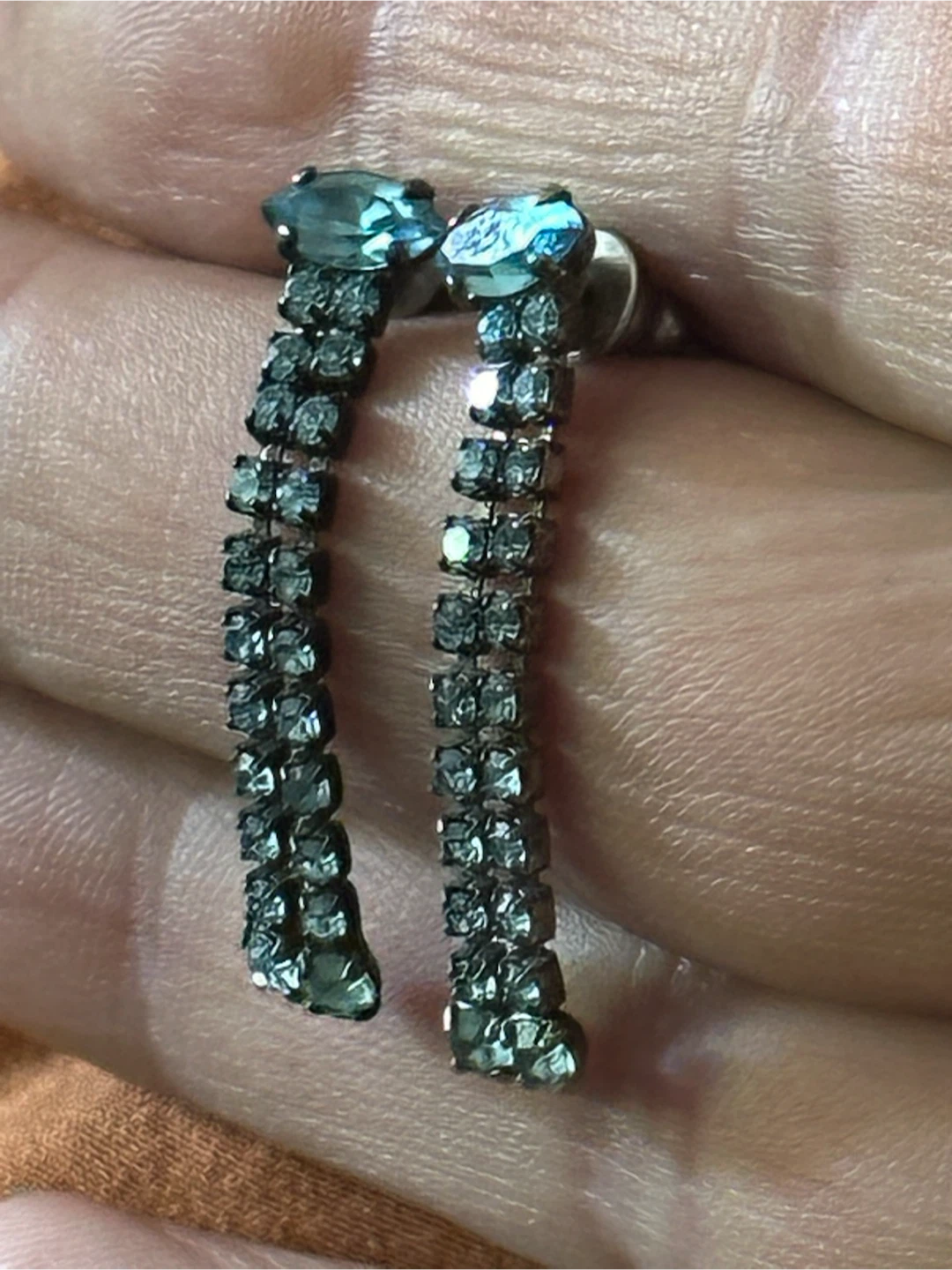 Vintage 1950s Blue Rhinestone Dangle Fringe Earrings - photo 3