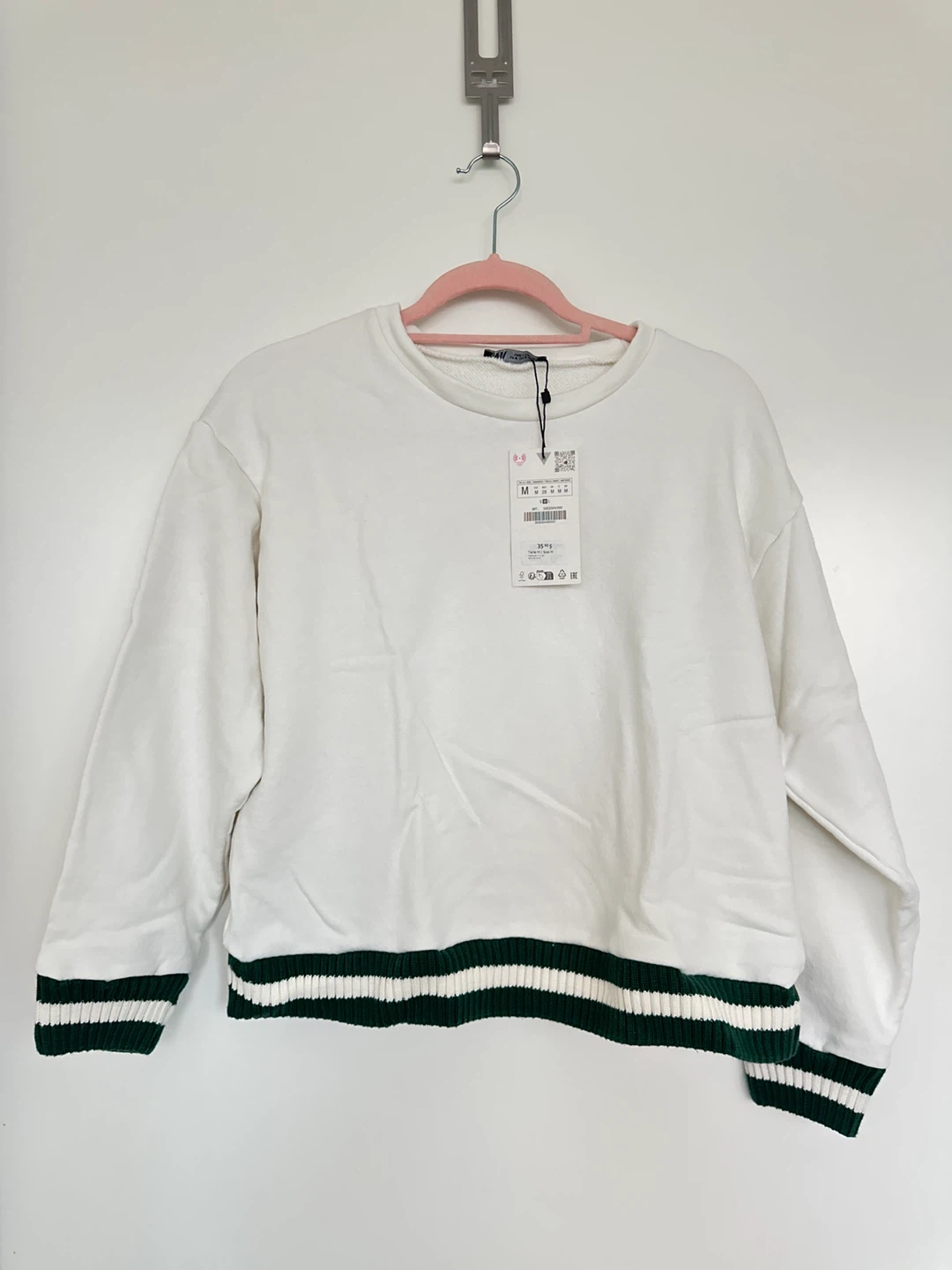 ZARA White Sweatshirt with Green Stripe Detail - Size M