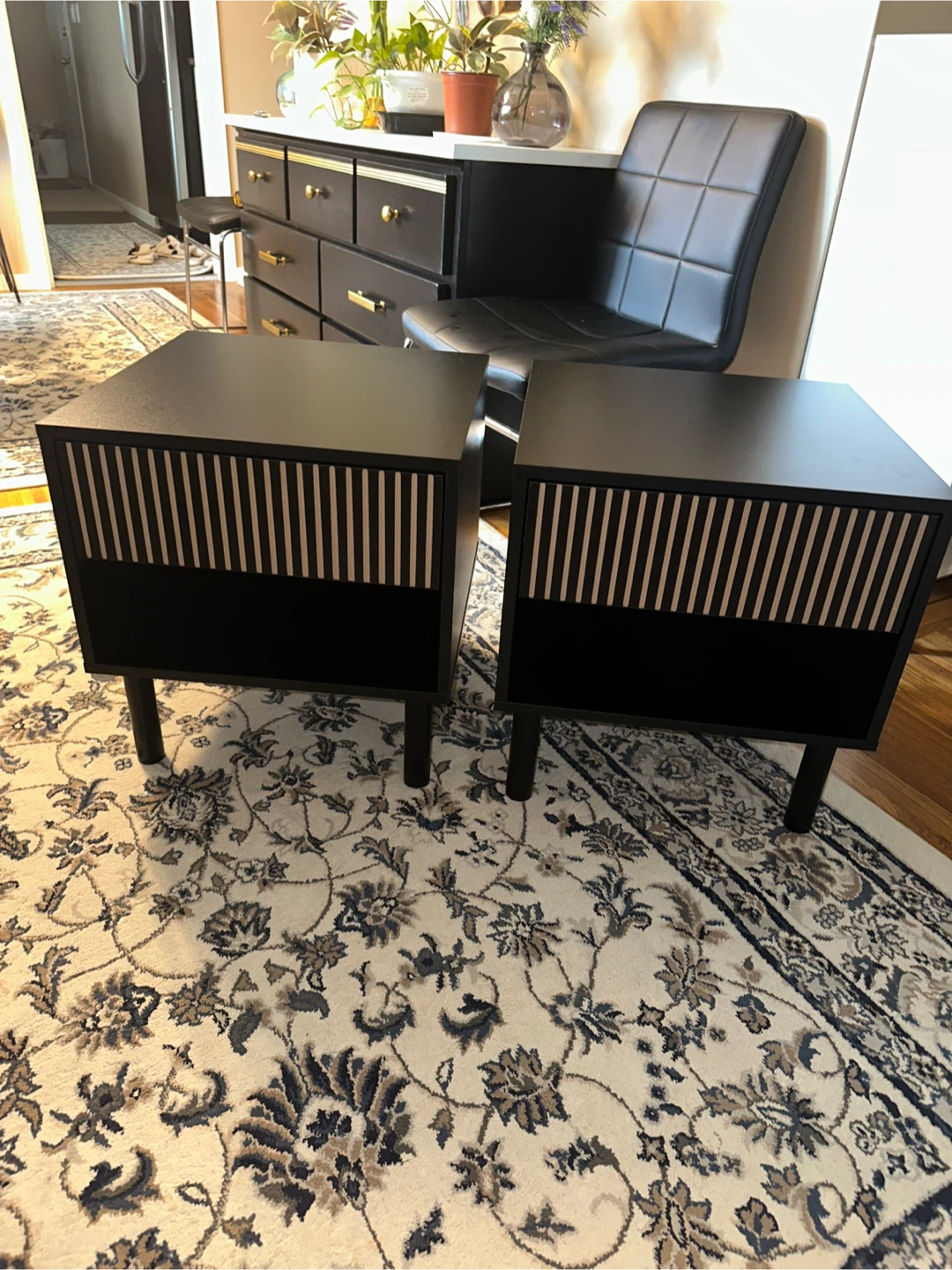 Pair of Black Nightstands with Slatted Drawer Fronts
