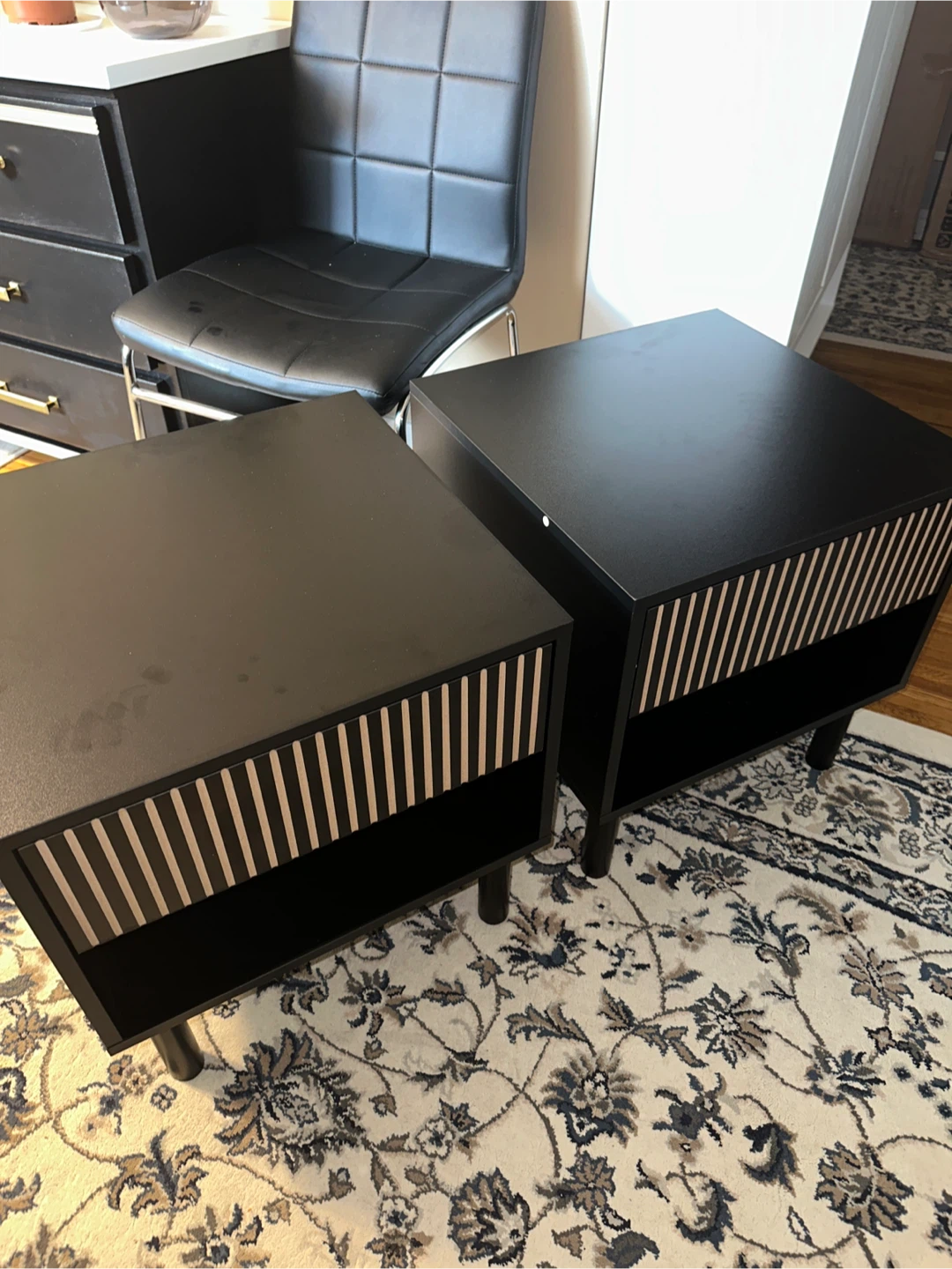 Pair of Black Nightstands with Slatted Drawer Fronts - photo 2