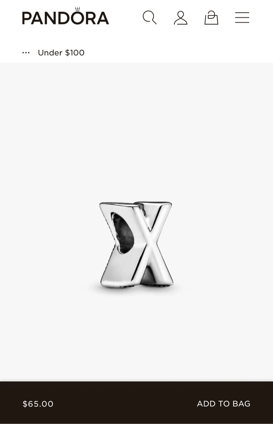Pandora Sterling Silver 'X' Charm Bead