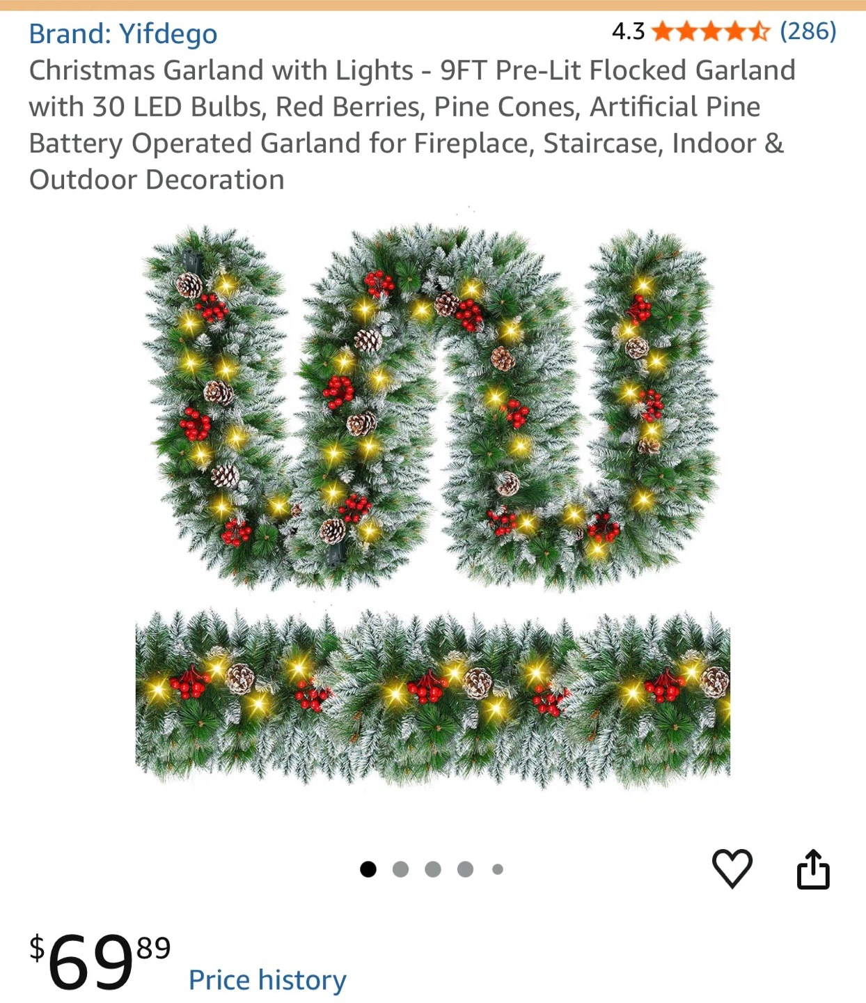 Yifdego 9FT Pre-Lit Flocked Christmas Garland with LED Lights