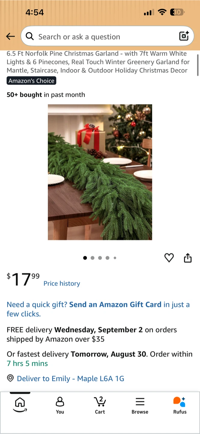 6.5 ft Christmas Garland with Lights & Pinecones