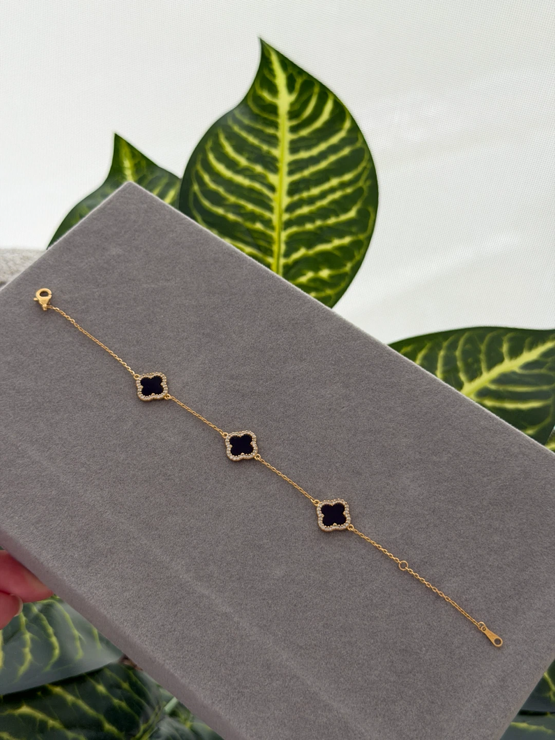 Gold Clover Bracelet with Black Stone and Crystals
