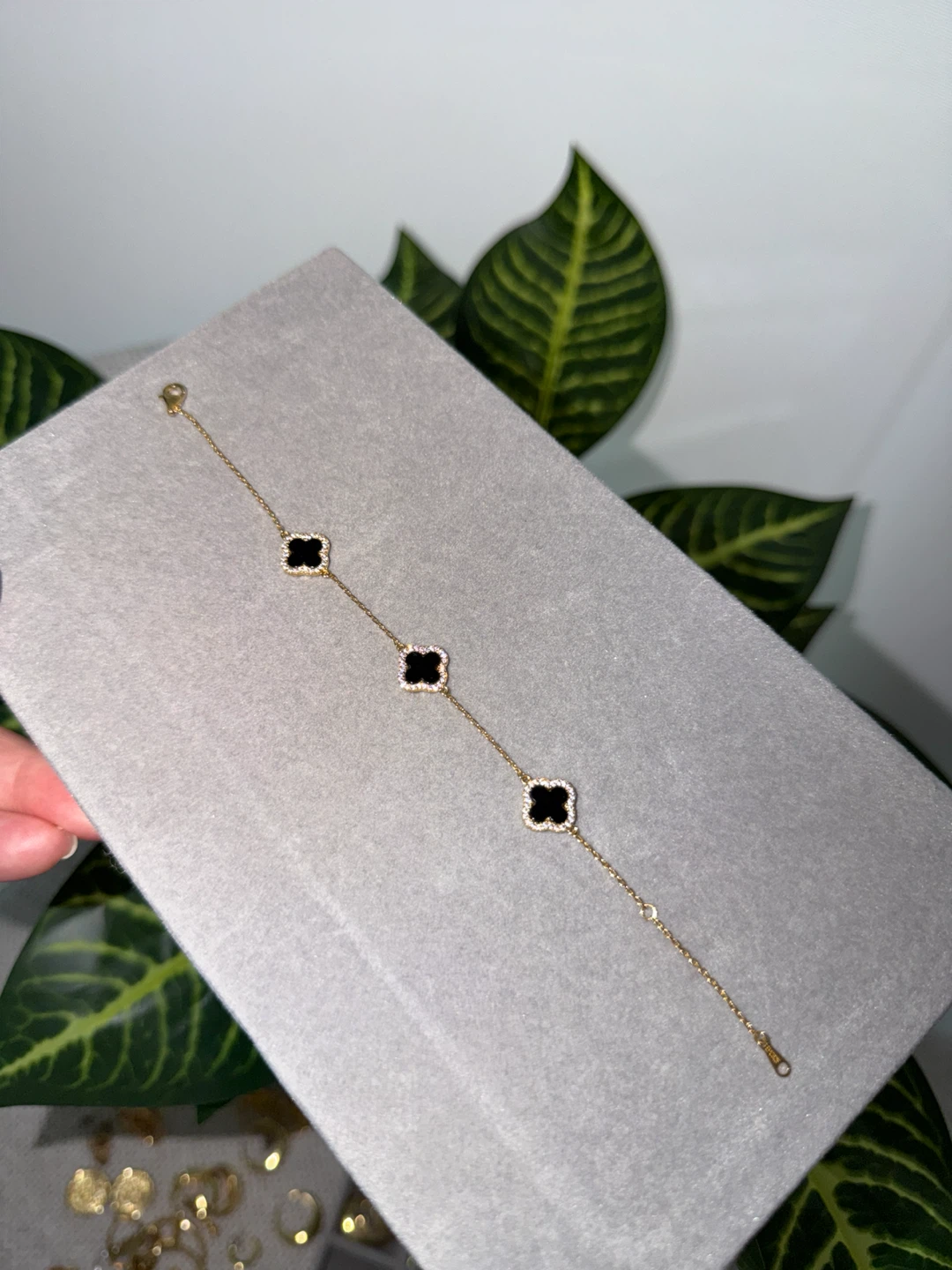Gold Clover Bracelet with Black Stone and Crystals - photo 3
