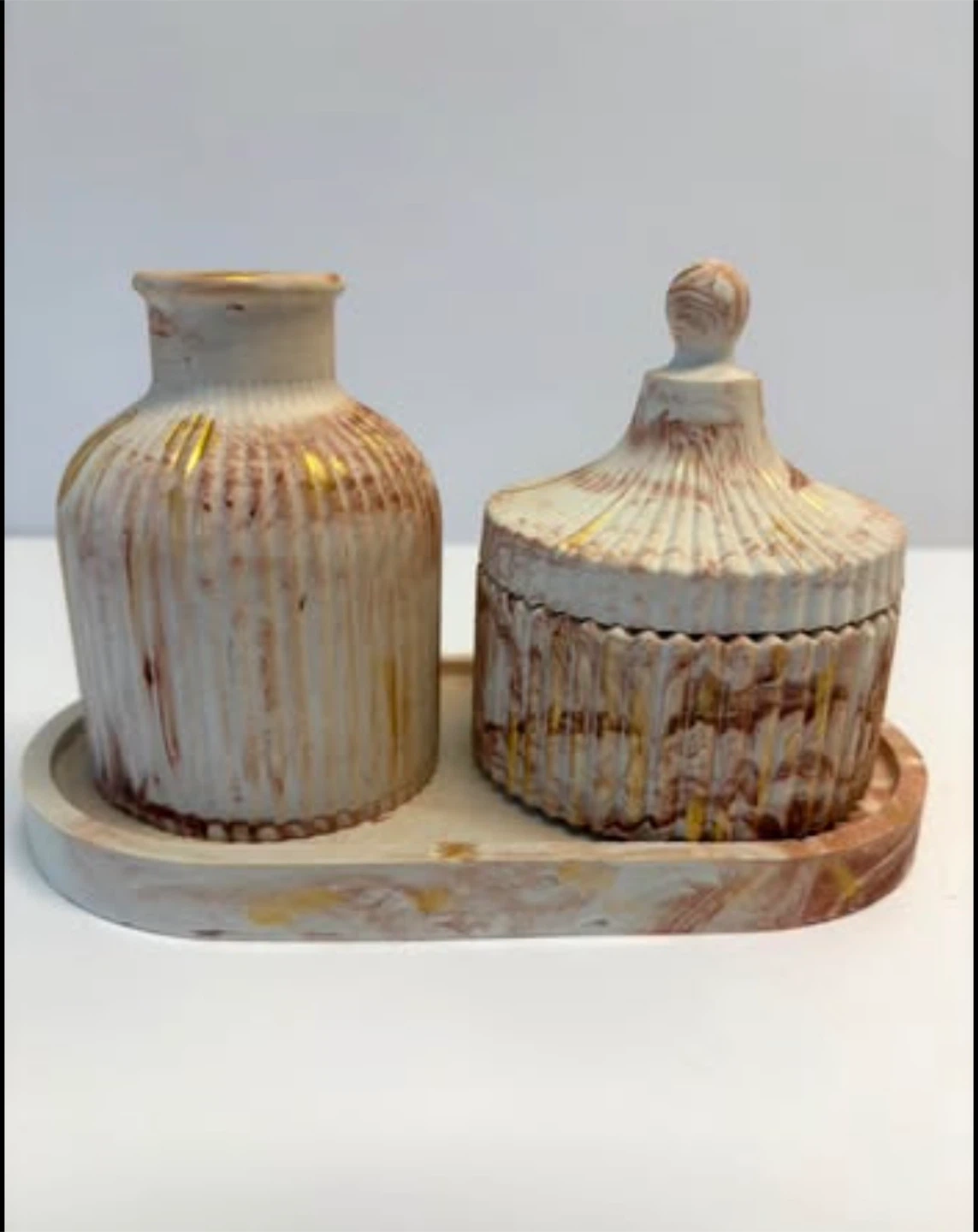 Handmade brown marble tray set with Trinket Box and Vase