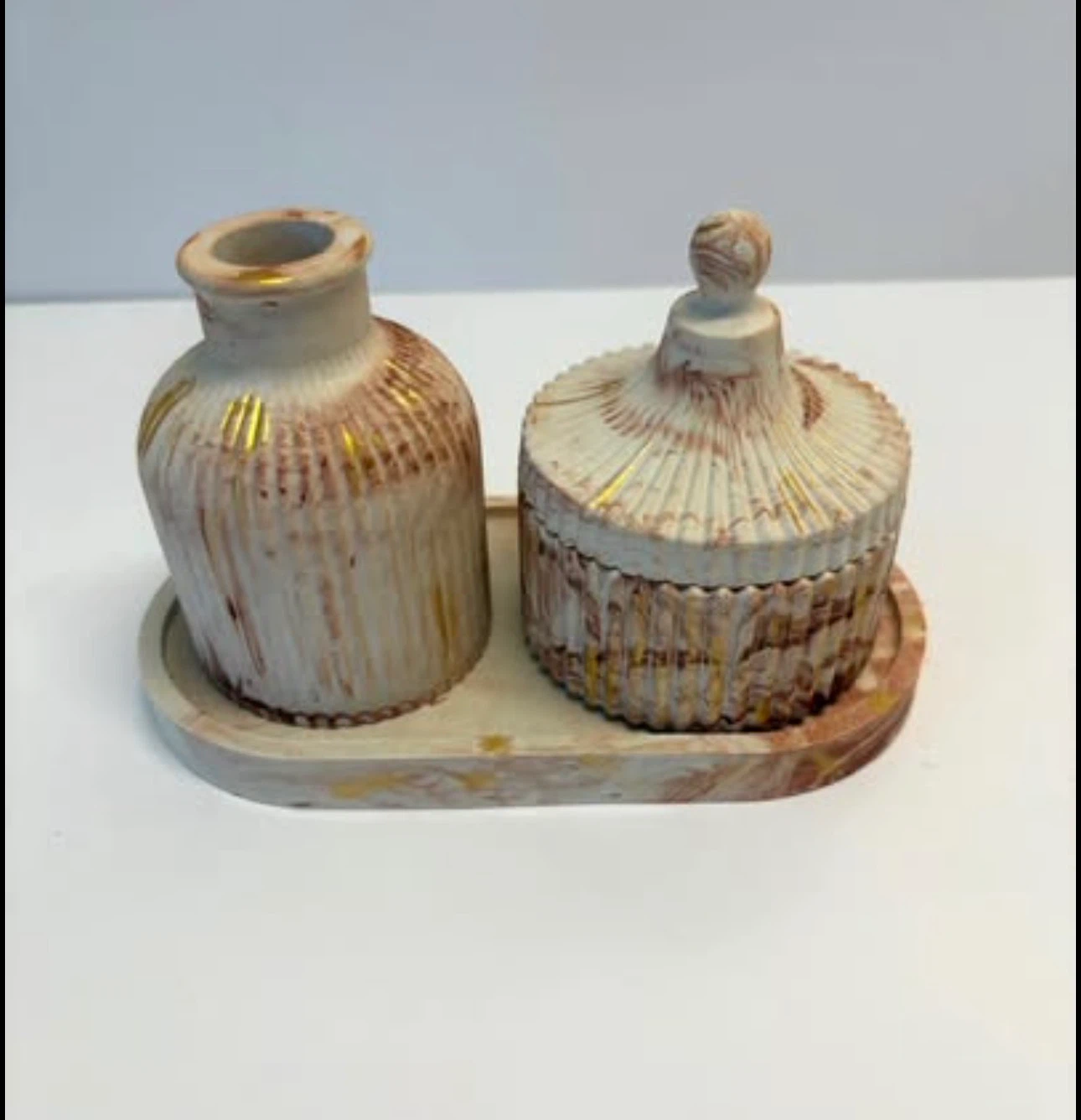 Handmade brown marble tray set with Trinket Box and Vase - photo 4
