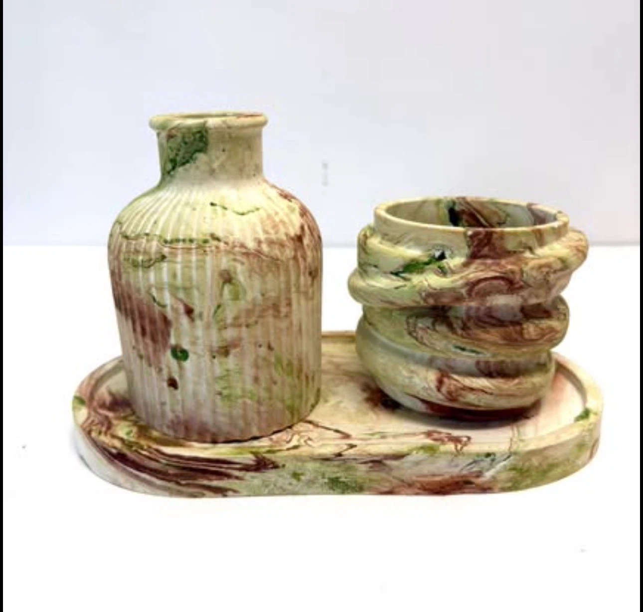Handmade marble tray set with Trinket Box and Vase