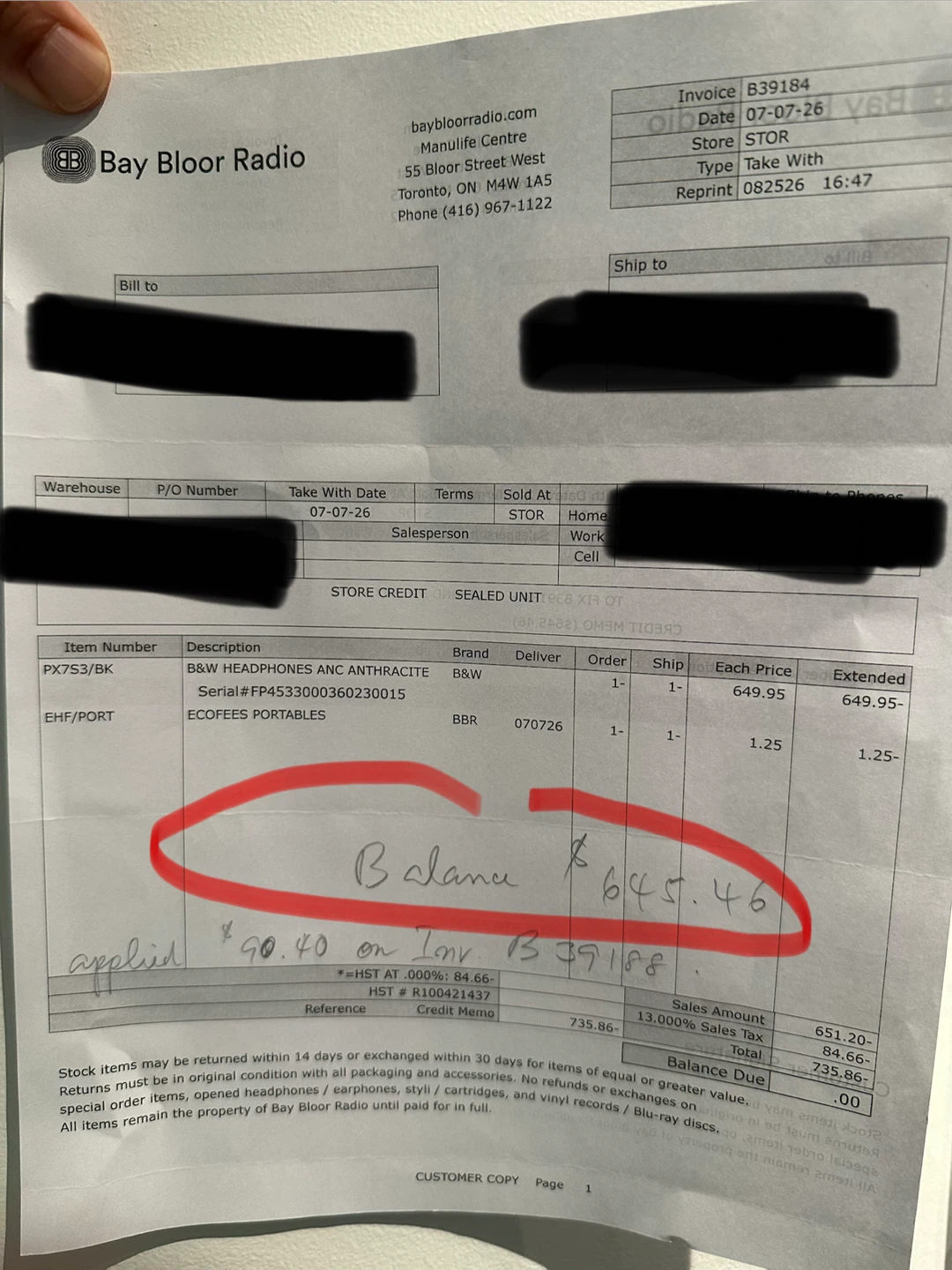BAY BLOOR RADIO STORE CREDIT $645