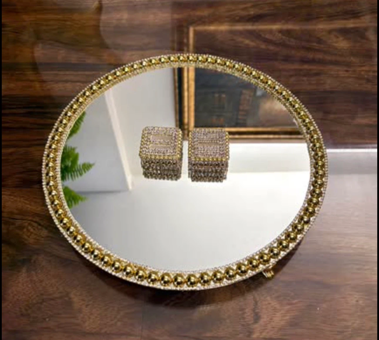 Round Mirror Tray with gold Pearls & gold rhinestone Border