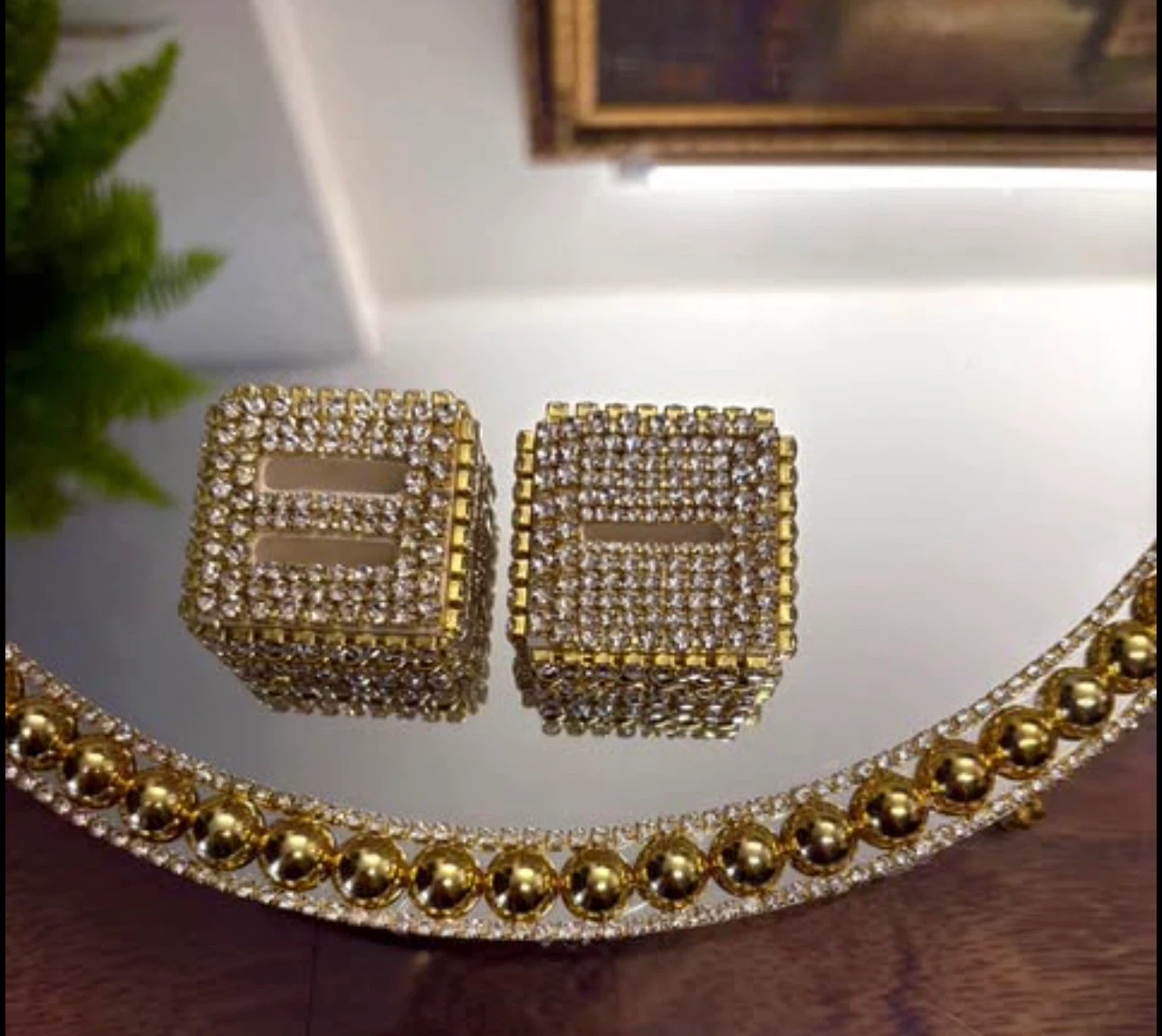 Round Mirror Tray with gold Pearls & gold rhinestone Border - photo 3