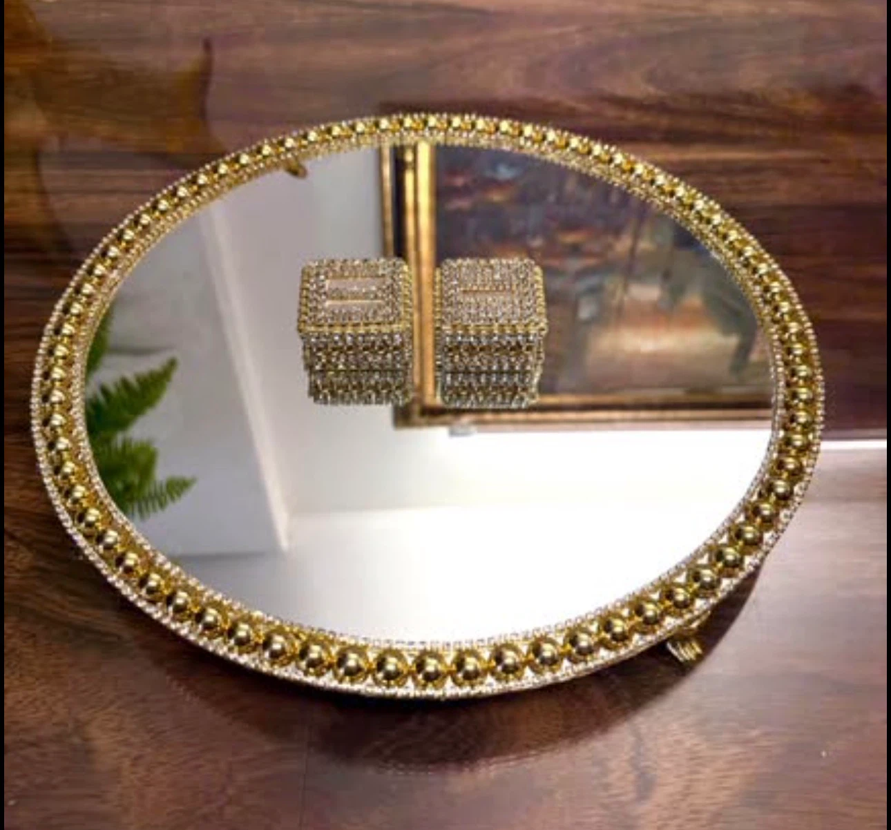 Round Mirror Tray with gold Pearls & gold rhinestone Border - photo 4