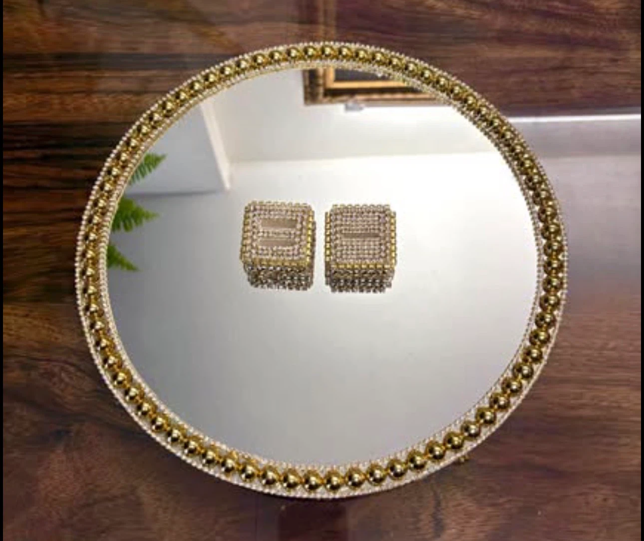Round Mirror Tray with gold Pearls & gold rhinestone Border - photo 5