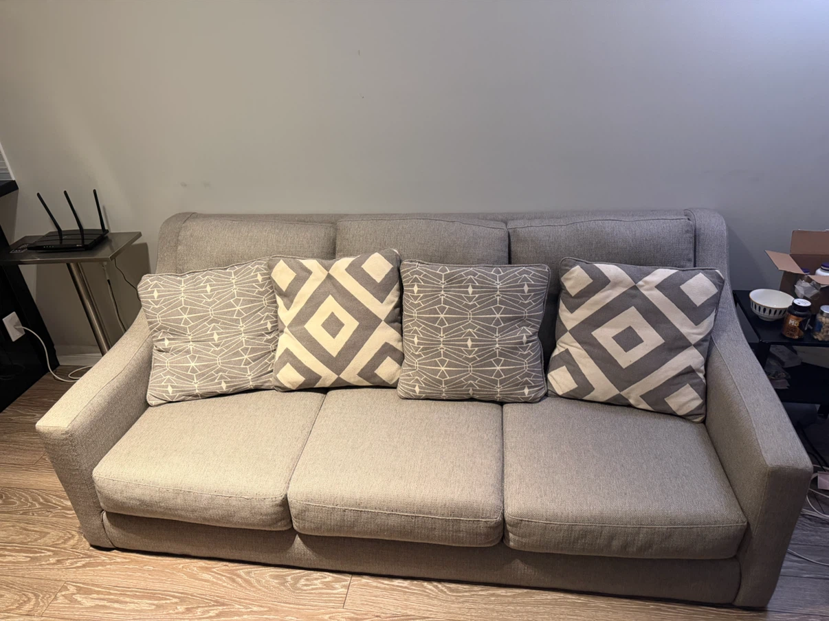 Grey Sofa with 4 Throw Pillows
