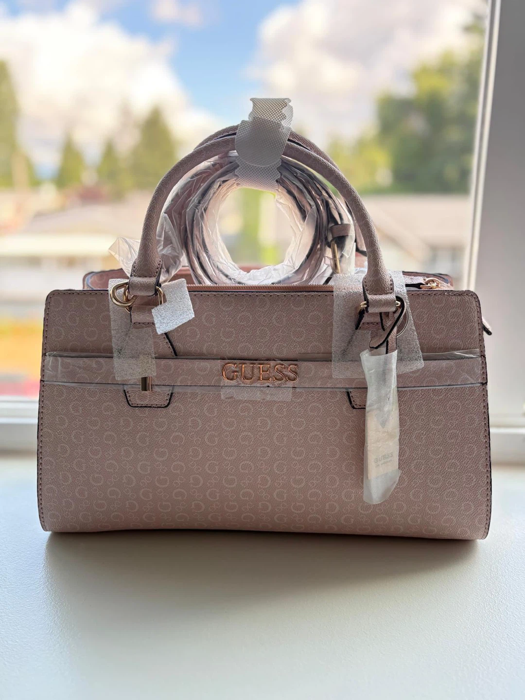 Guess Satchel Handbag Pink Logo Print