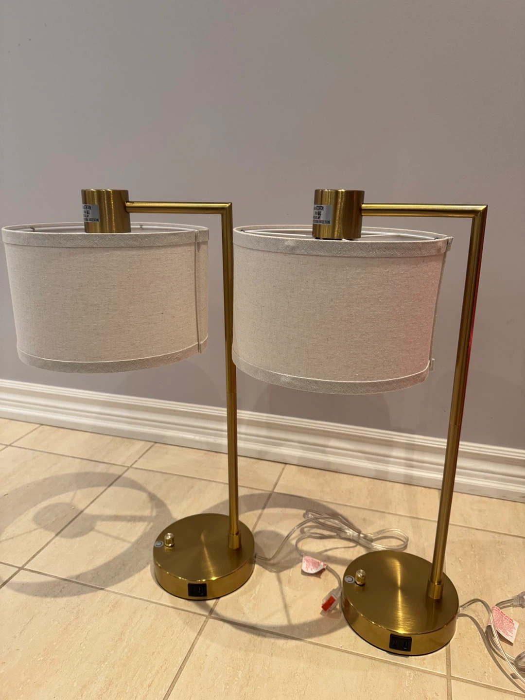 Pair of Gold Desk Lamps with USB Ports