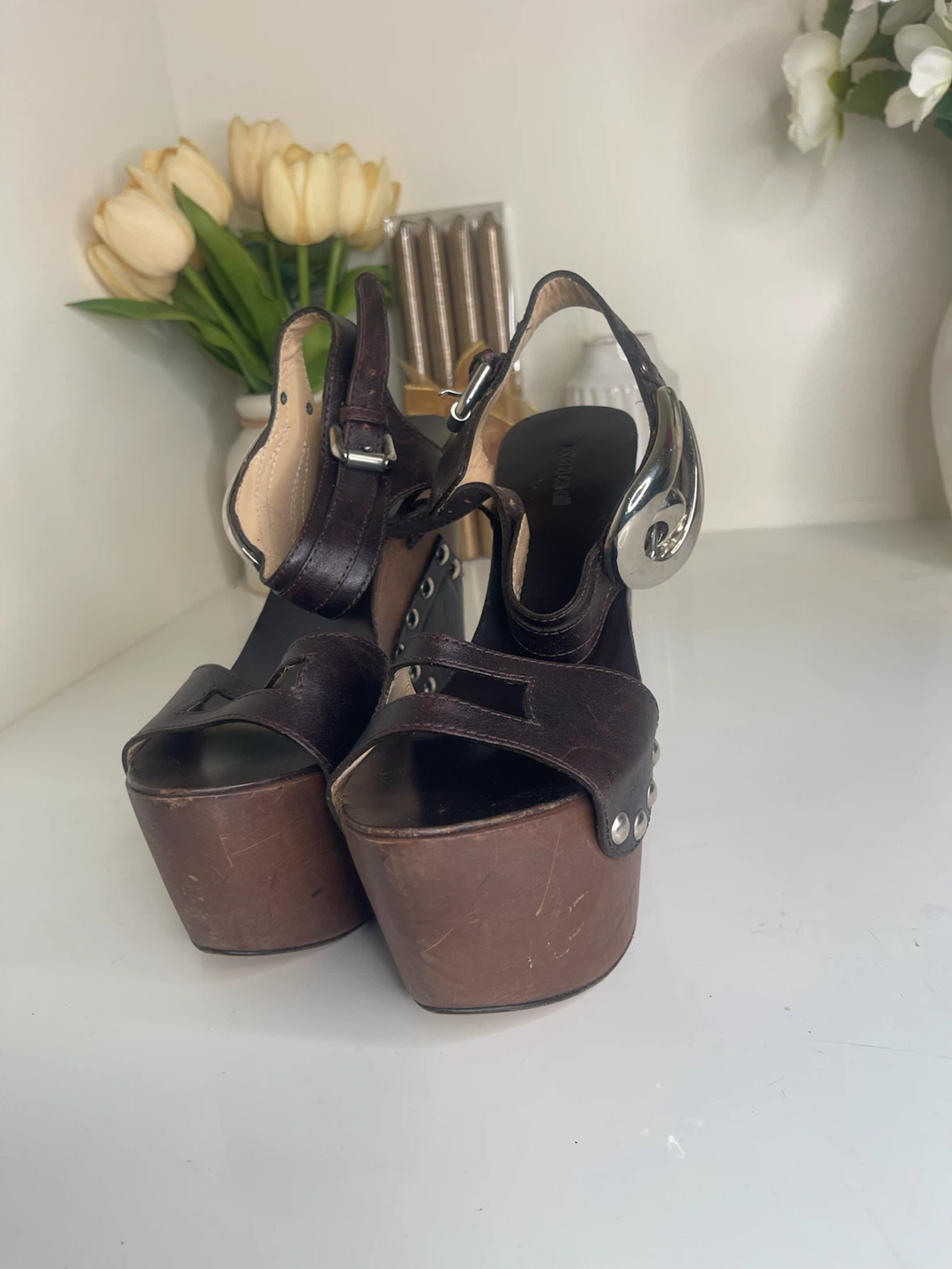 Roberto Cavalli Wooden Platform Sandals Size 36 - photo 5