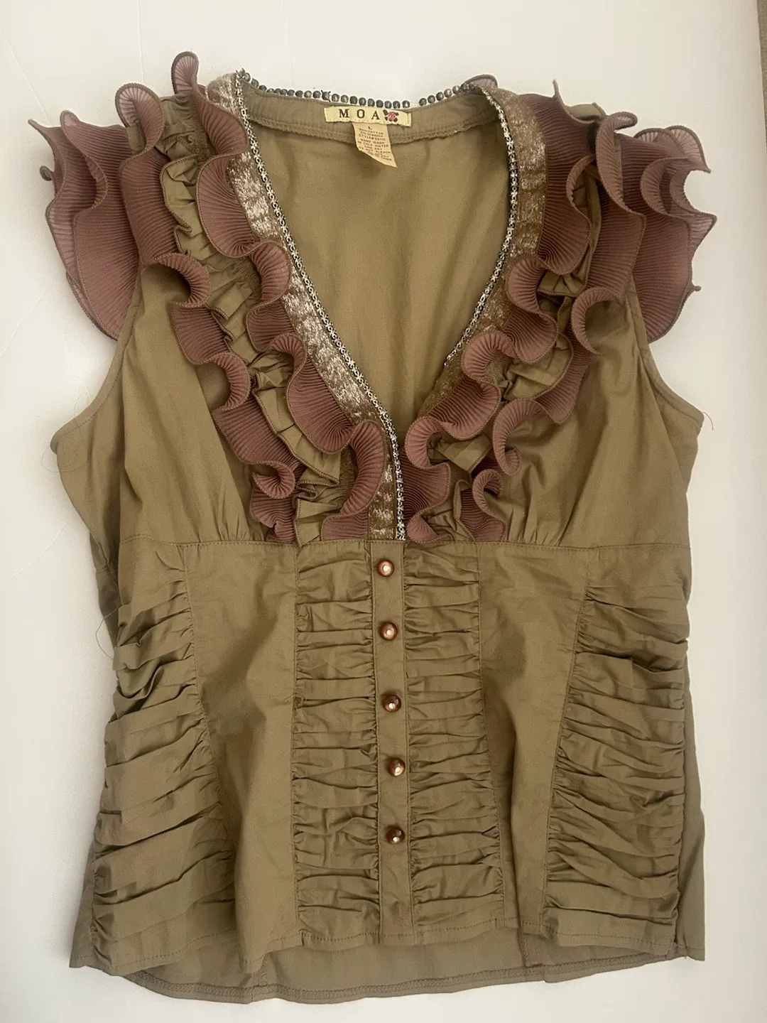 MOA Brown Ruffle V-Neck Blouse