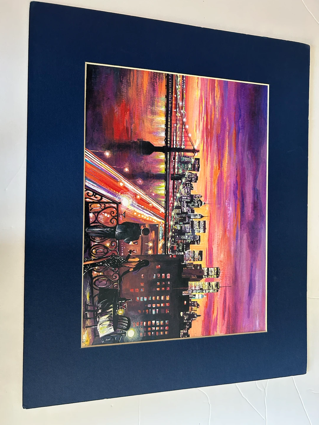 Matted Artwork Print of a City Skyline at Dusk