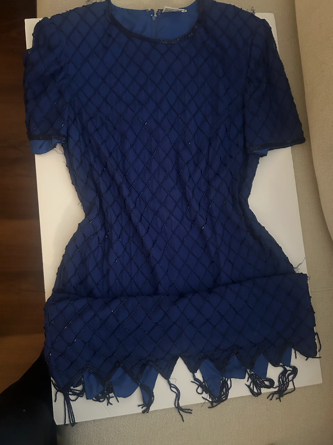Blue Beaded Short Sleeve Dress with Tassel Hem