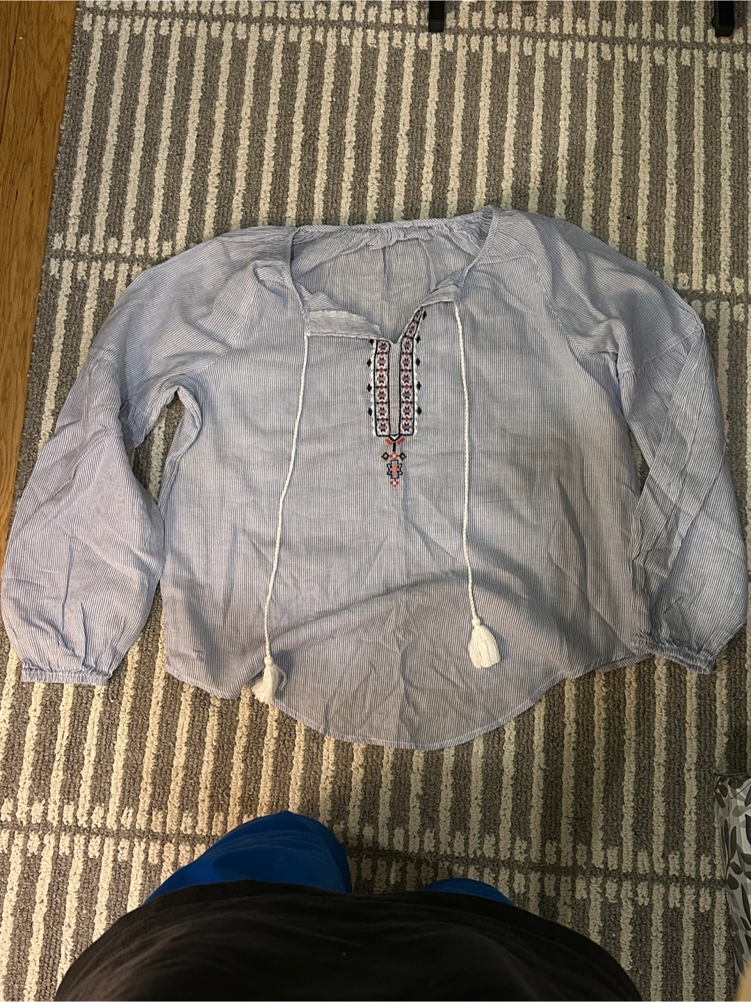 Blue Striped Blouse with Embroidered Neckline