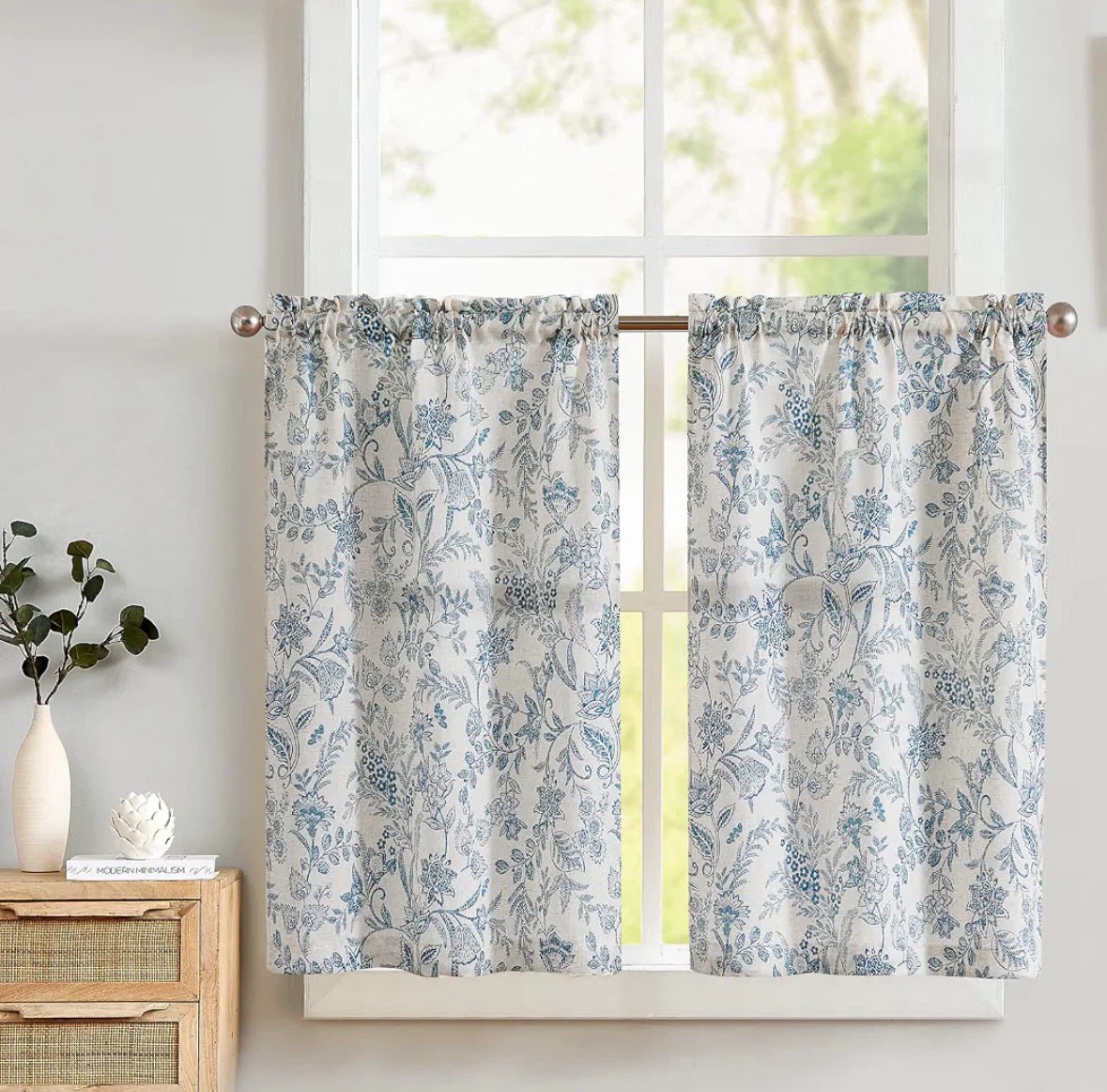 Floral Blue on Beige Kitchen Curtains - 26" W x 36" L