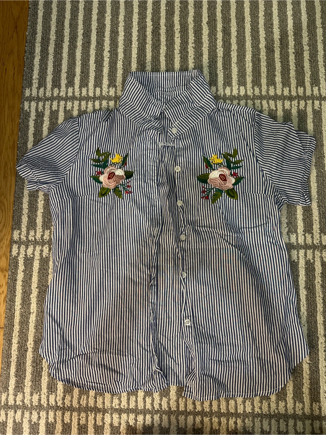 Striped Button-Up Shirt with Floral Embroidery