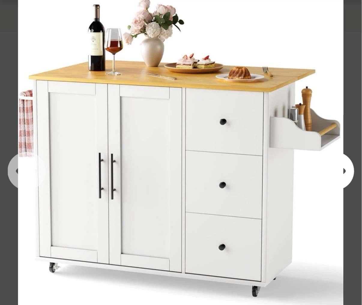 White Mobile Kitchen Island with Wooden Top