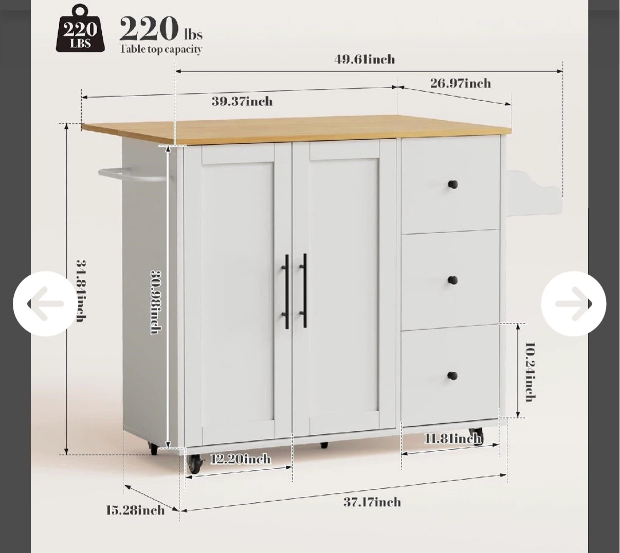 White Mobile Kitchen Island with Wooden Top - photo 2