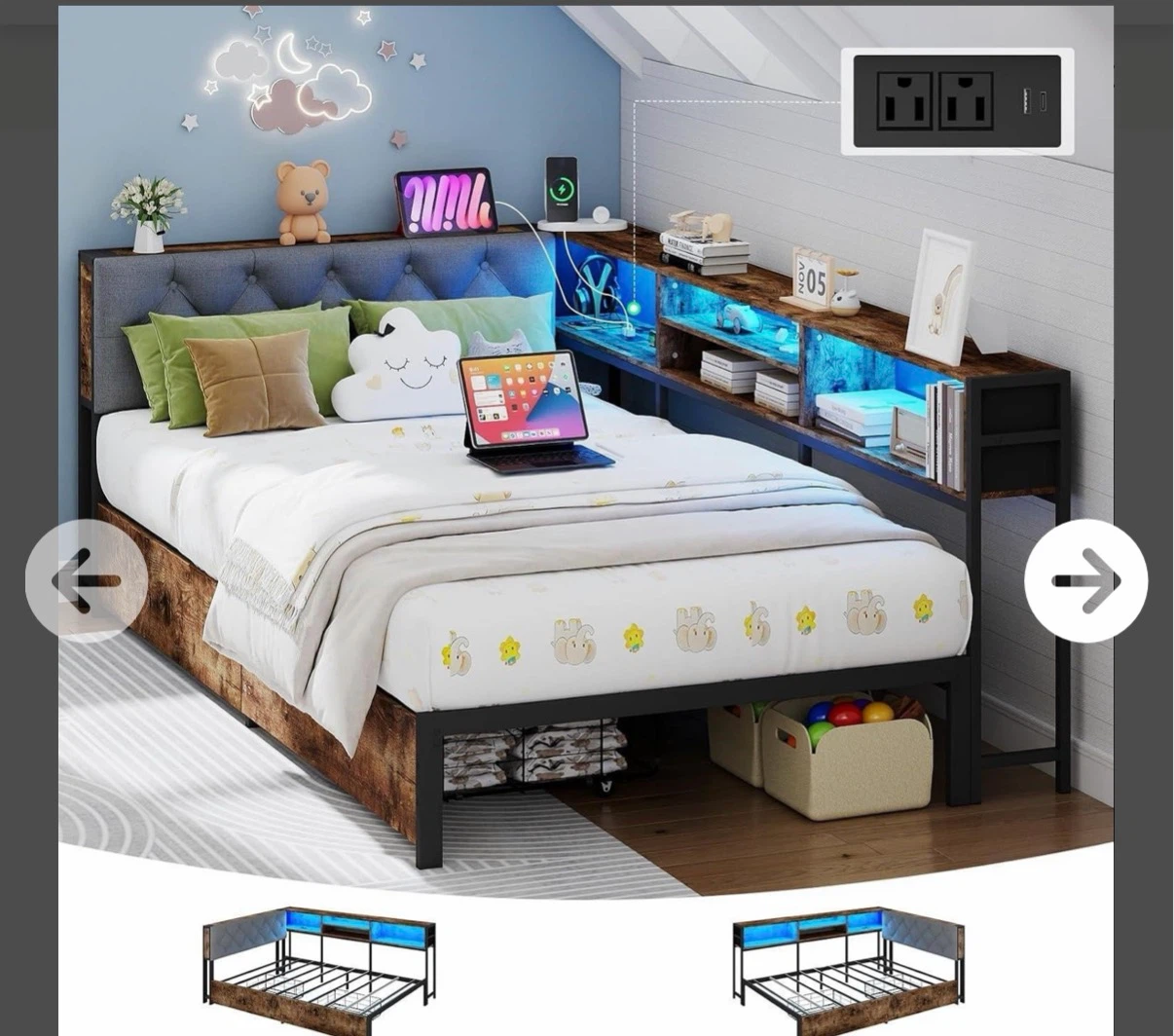 Twin Size Smart Storage Corner Bed with RGB LED Lights