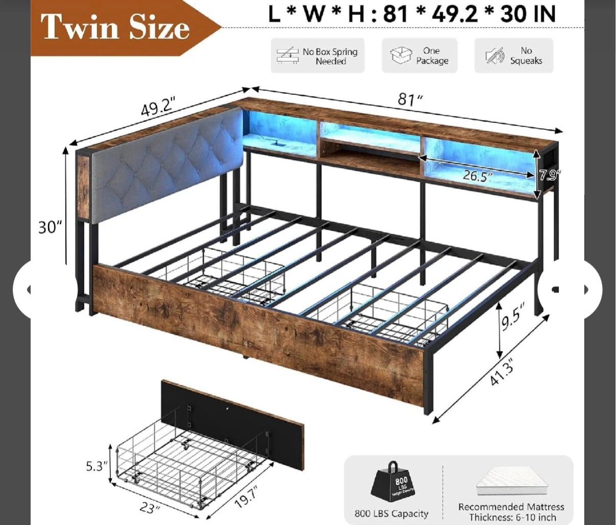 Twin Size Smart Storage Corner Bed with RGB LED Lights - photo 2