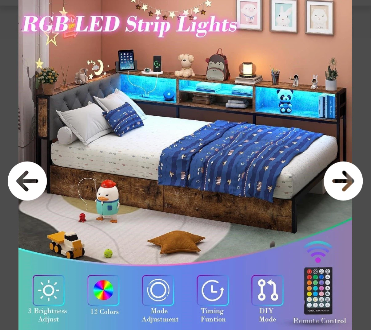 Twin Size Smart Storage Corner Bed with RGB LED Lights - photo 3