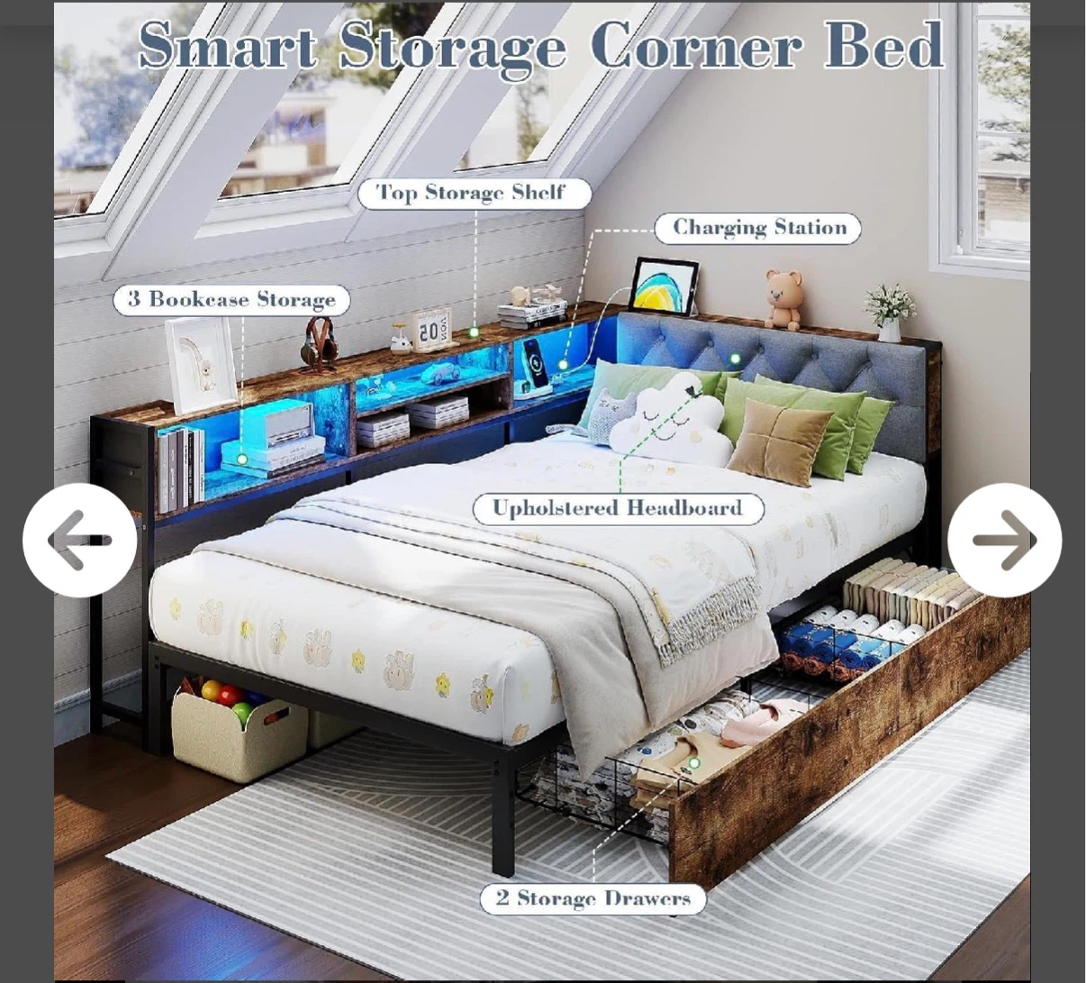 Twin Size Smart Storage Corner Bed with RGB LED Lights - photo 4
