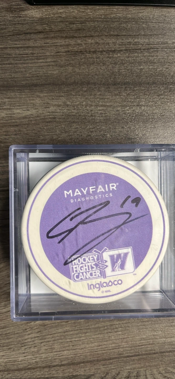 Autographed Hockey Puck - Mayfair Diagnostics Clark bishop