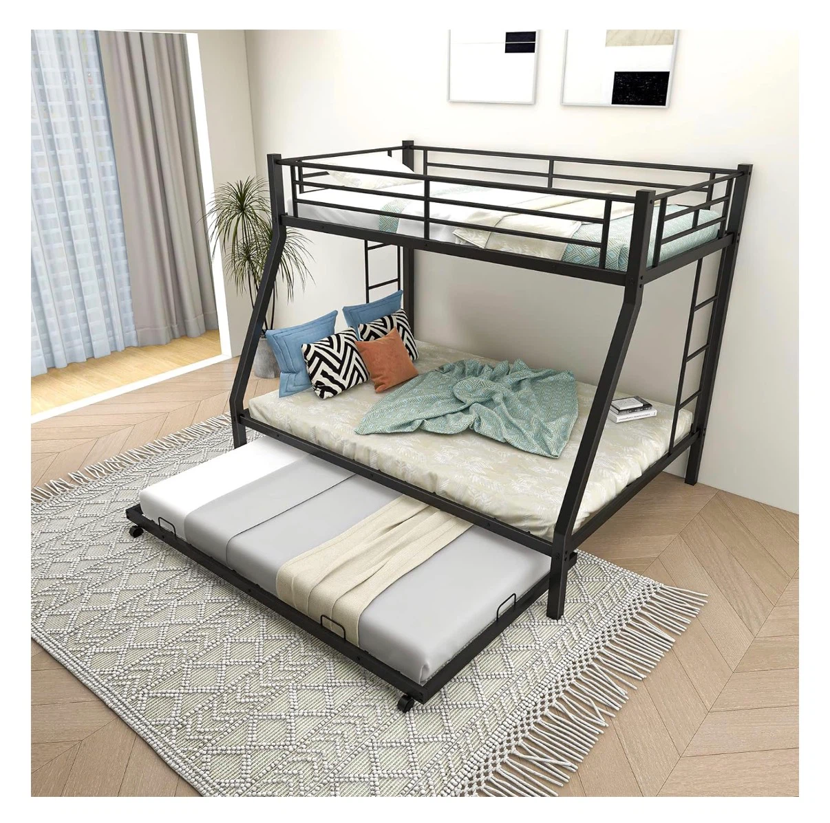 Black Metal Bunk Bed with Trundle