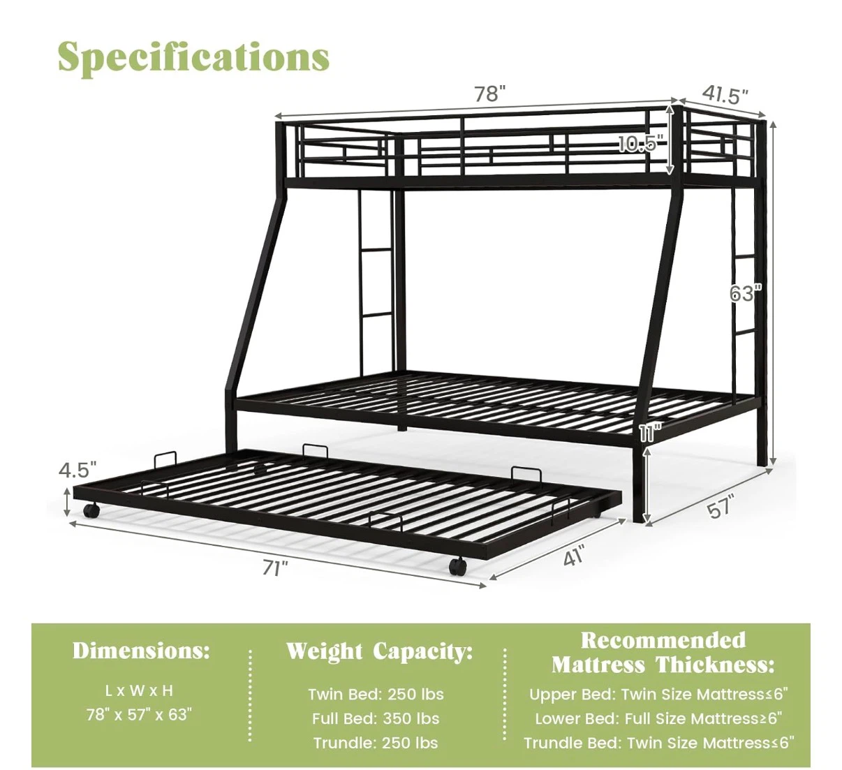 Black Metal Bunk Bed with Trundle - photo 2