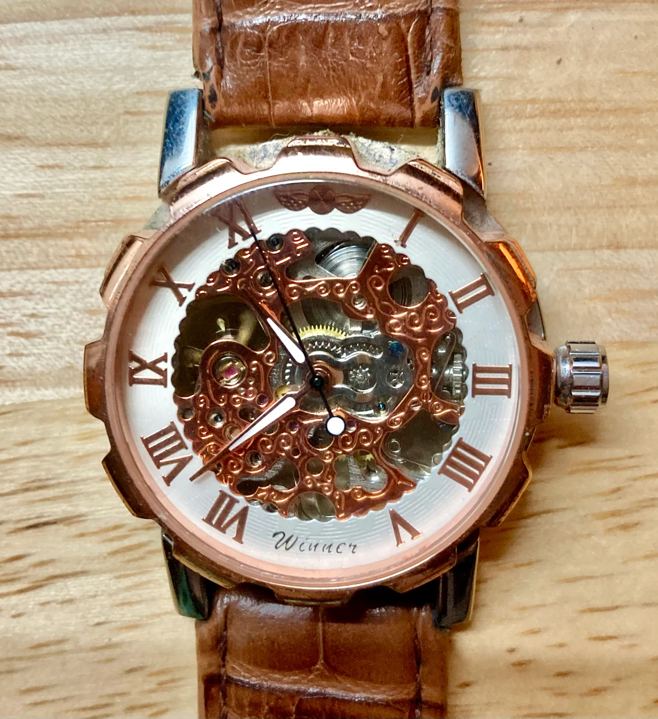 Winner Skeleton Manual Watch Brown Leather Strap