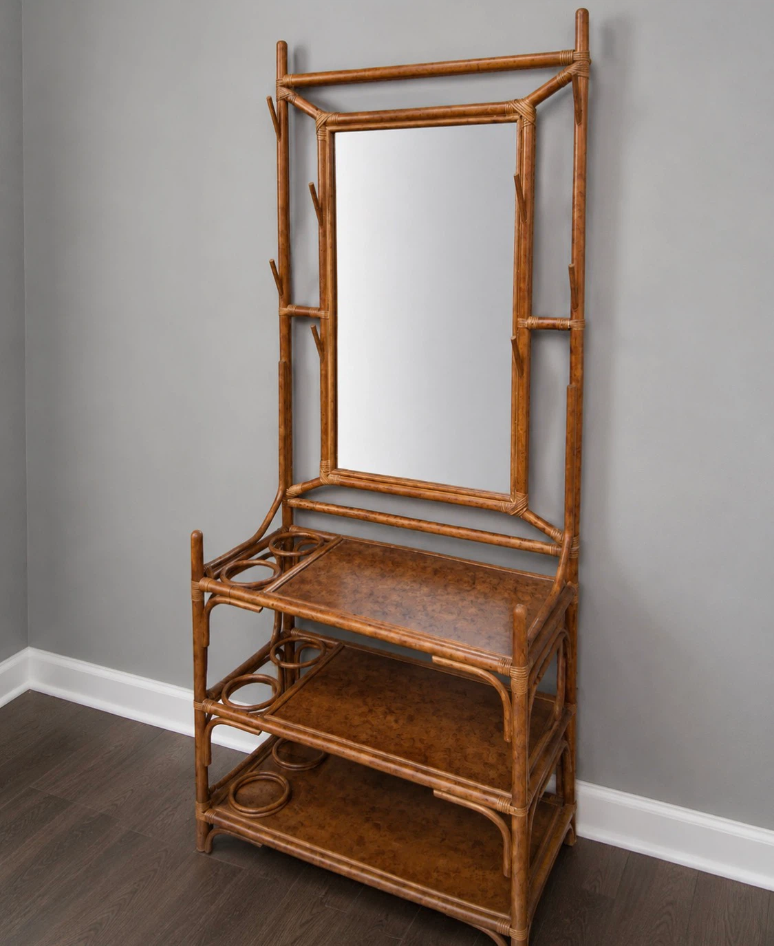 New Bohemian Mirror Tortoise Natural Rattan Storage Hall Tree