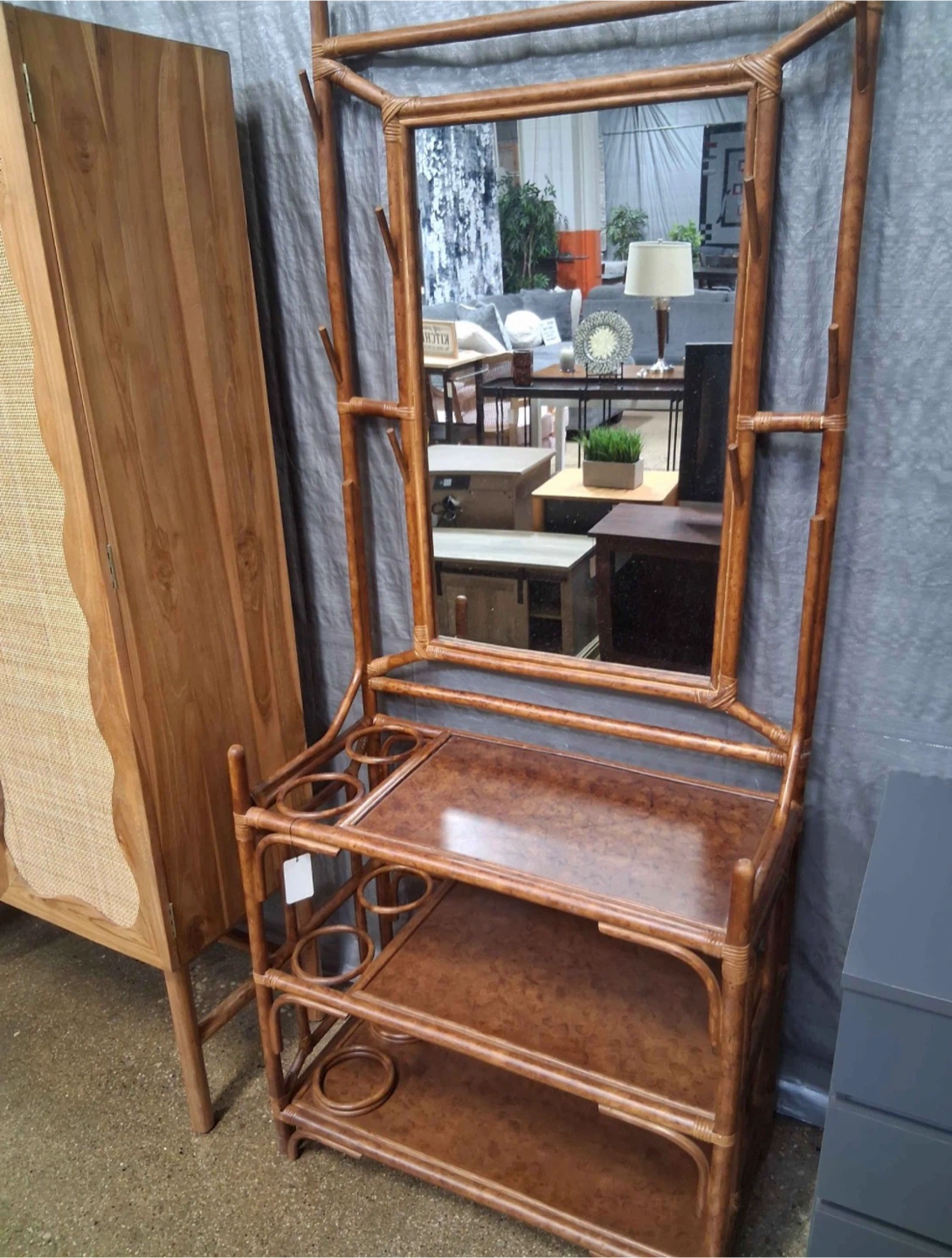 New Bohemian Mirror Tortoise Natural Rattan Storage Hall Tree - photo 3