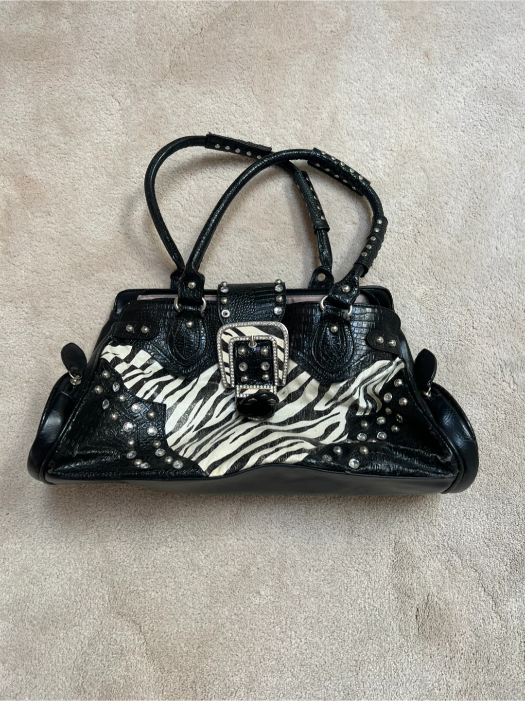 Black & White Zebra Print Handbag with Studs