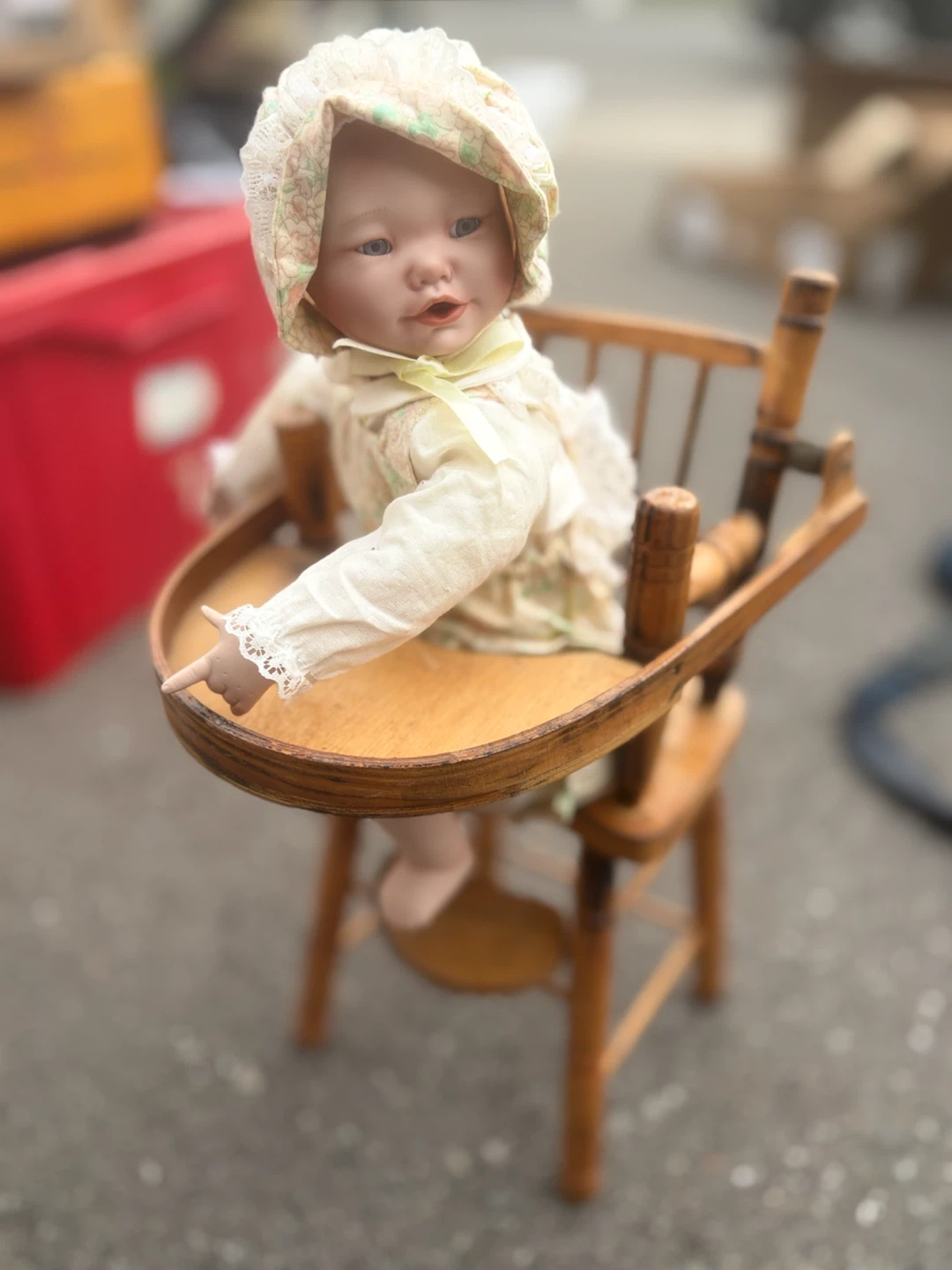 Vintage Doll in Wooden High Chair
