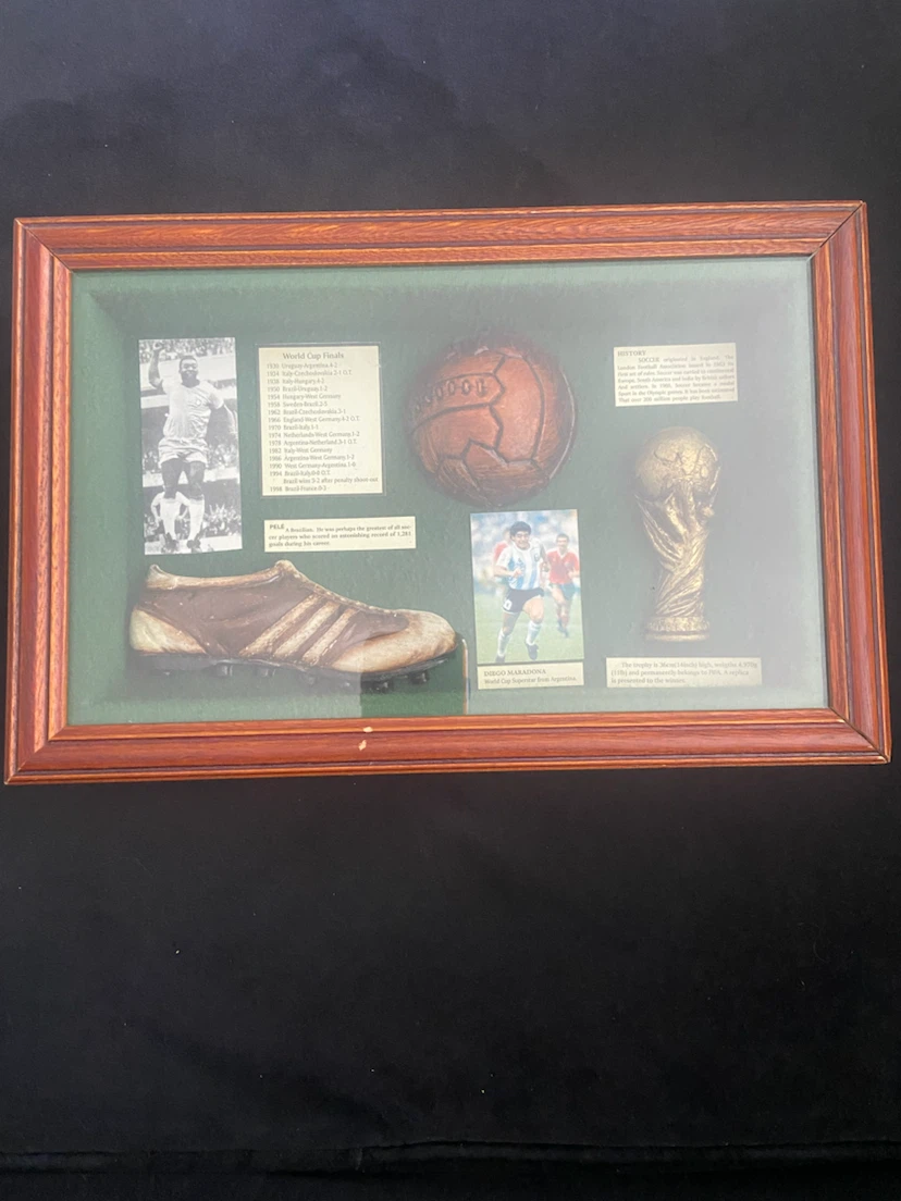 Framed Football Memorabilia Display with Trophy Replica