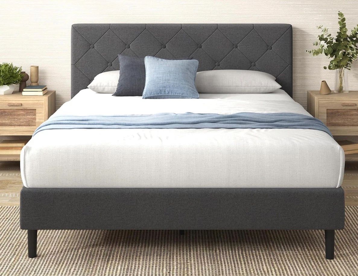 Dark Grey Tufted Upholstered Bed Frame and mattress