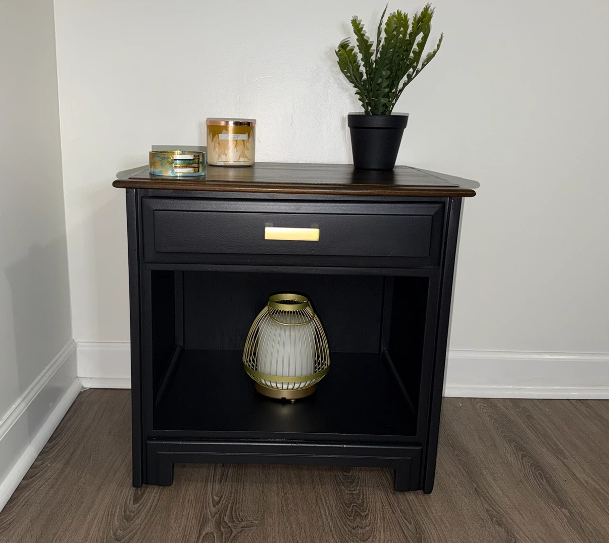 Mid-Century Modern Black & Wood Nightstand
