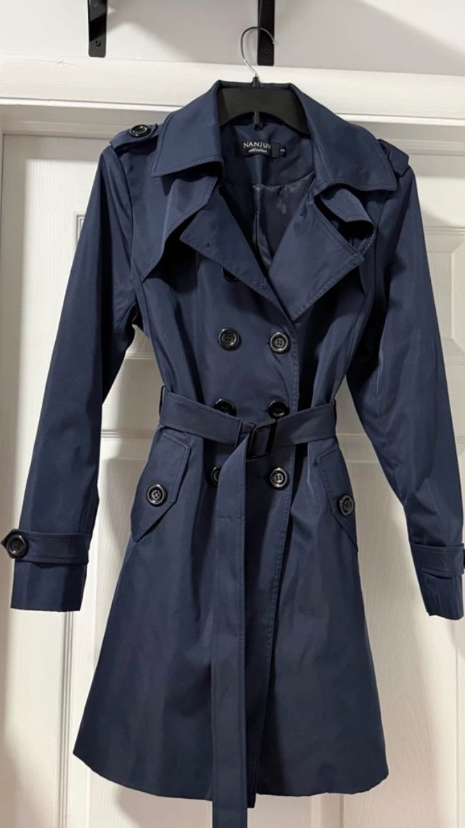Nanjun Navy Blue Double Breasted Trench Coat Belted XS