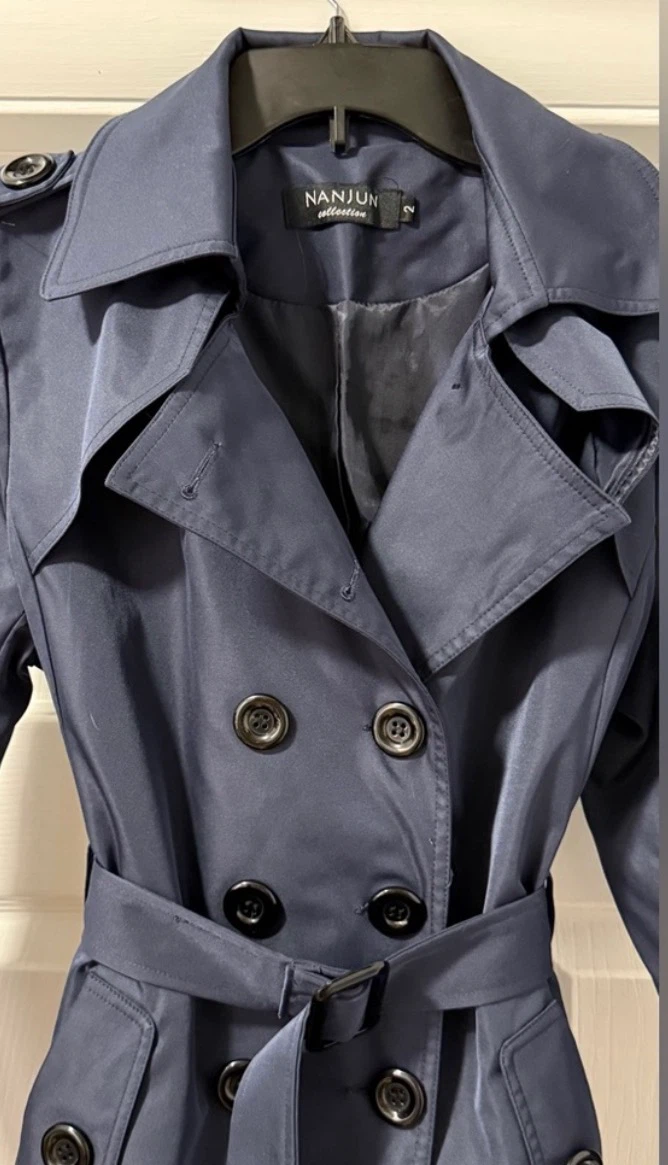 Nanjun Navy Blue Double Breasted Trench Coat Belted XS - photo 2
